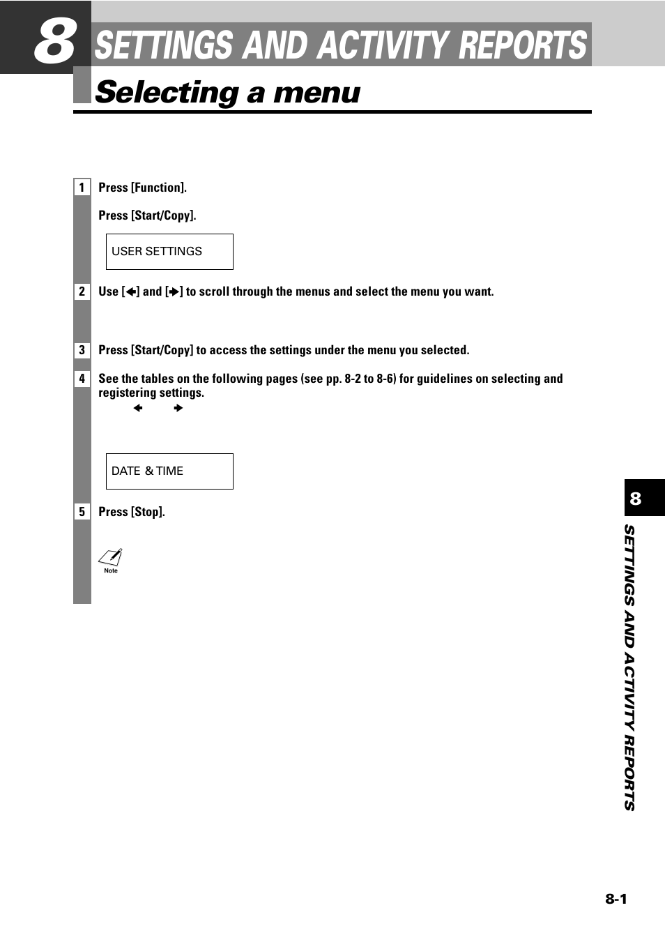 Settings and activity reports, Selecting a menu | Sony FAX-B140 User Manual | Page 83 / 119