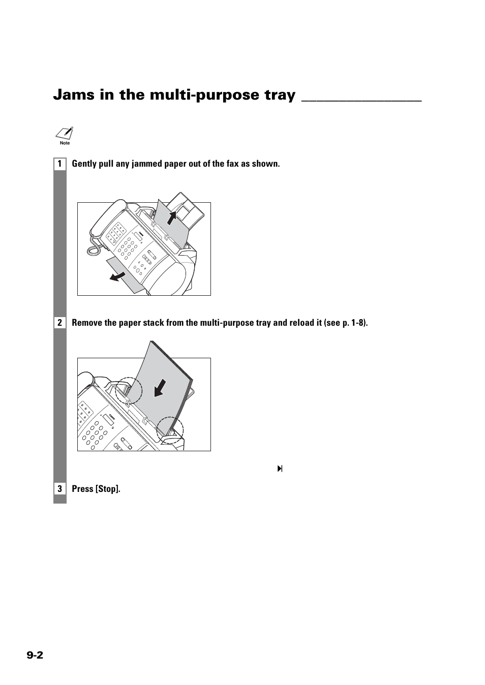 Jams in the multi-purpose tray | Sony FAX-B140 User Manual | Page 92 / 119