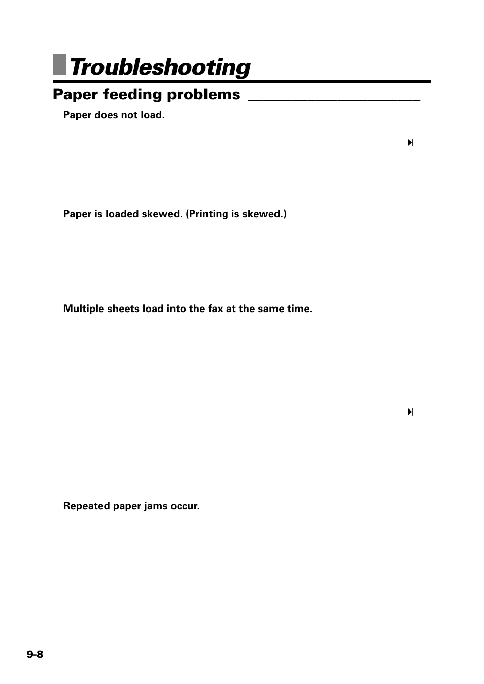 Troubleshooting, Paper feeding problems | Sony FAX-B140 User Manual | Page 98 / 119