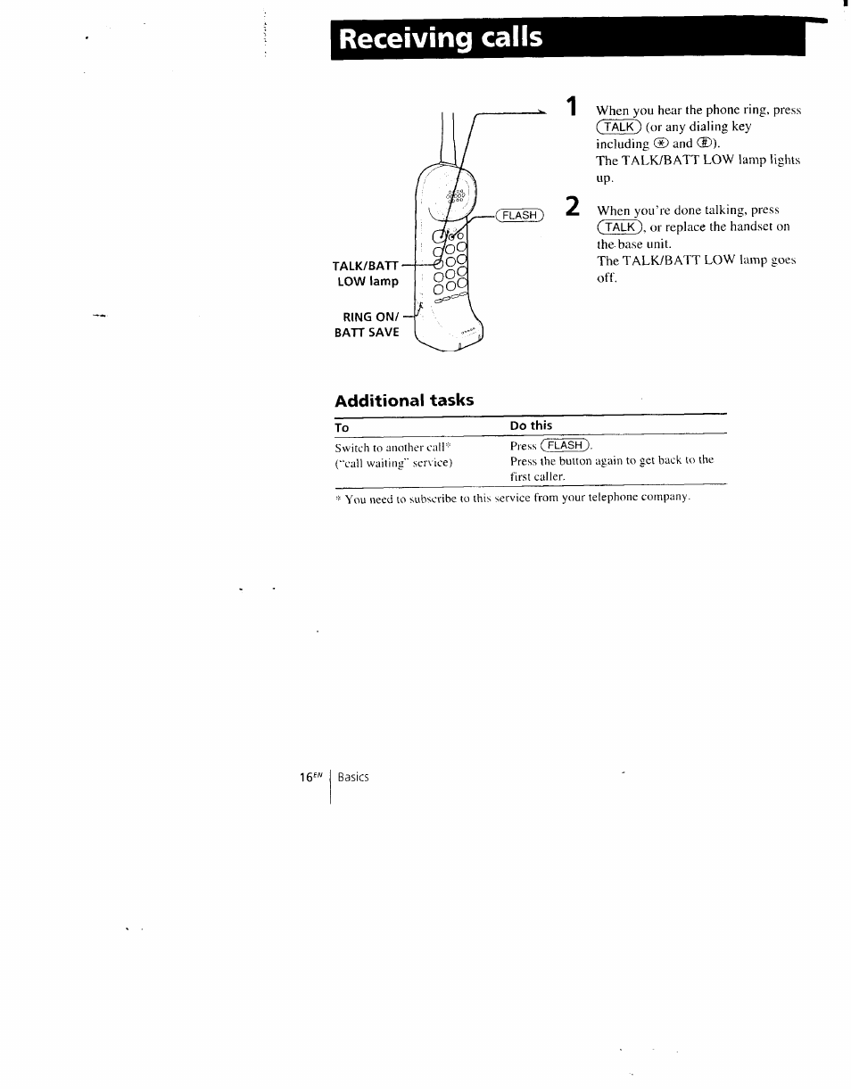 Receiving calls, Additional tasks | Sony SPP-AQ500 User Manual | Page 16 / 84