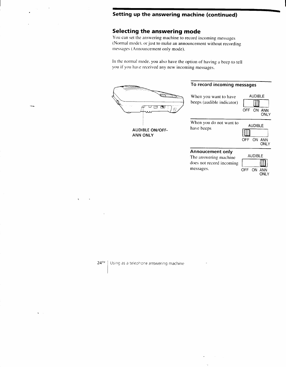 Selecting the answering mode | Sony SPP-AQ500 User Manual | Page 24 / 84