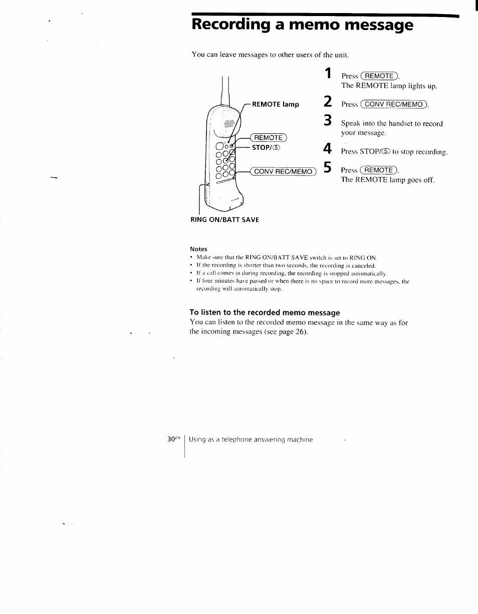 Recording a memo message | Sony SPP-AQ500 User Manual | Page 30 / 84