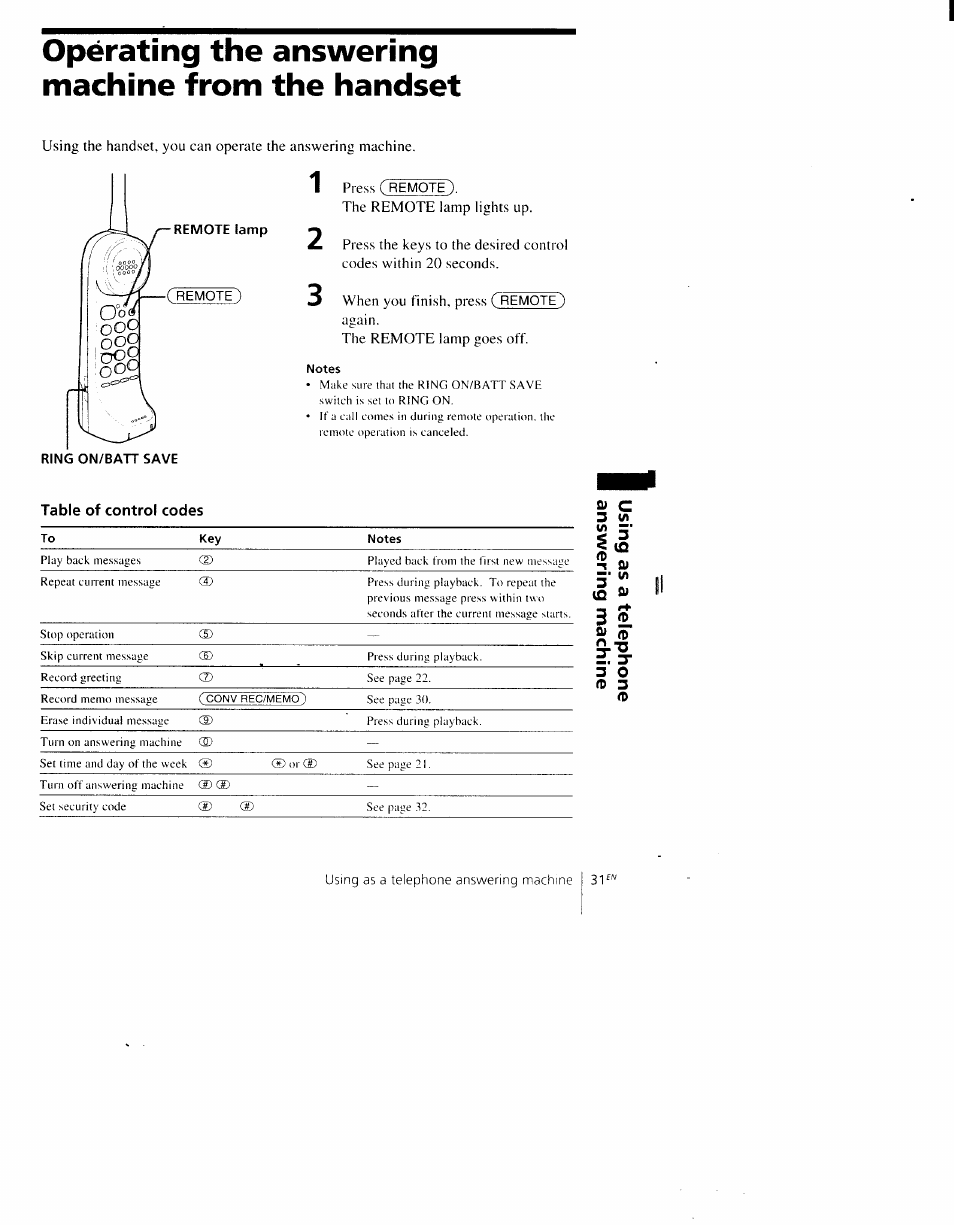 Operating the answering machine from the handset, Si c | Sony SPP-AQ500 User Manual | Page 31 / 84