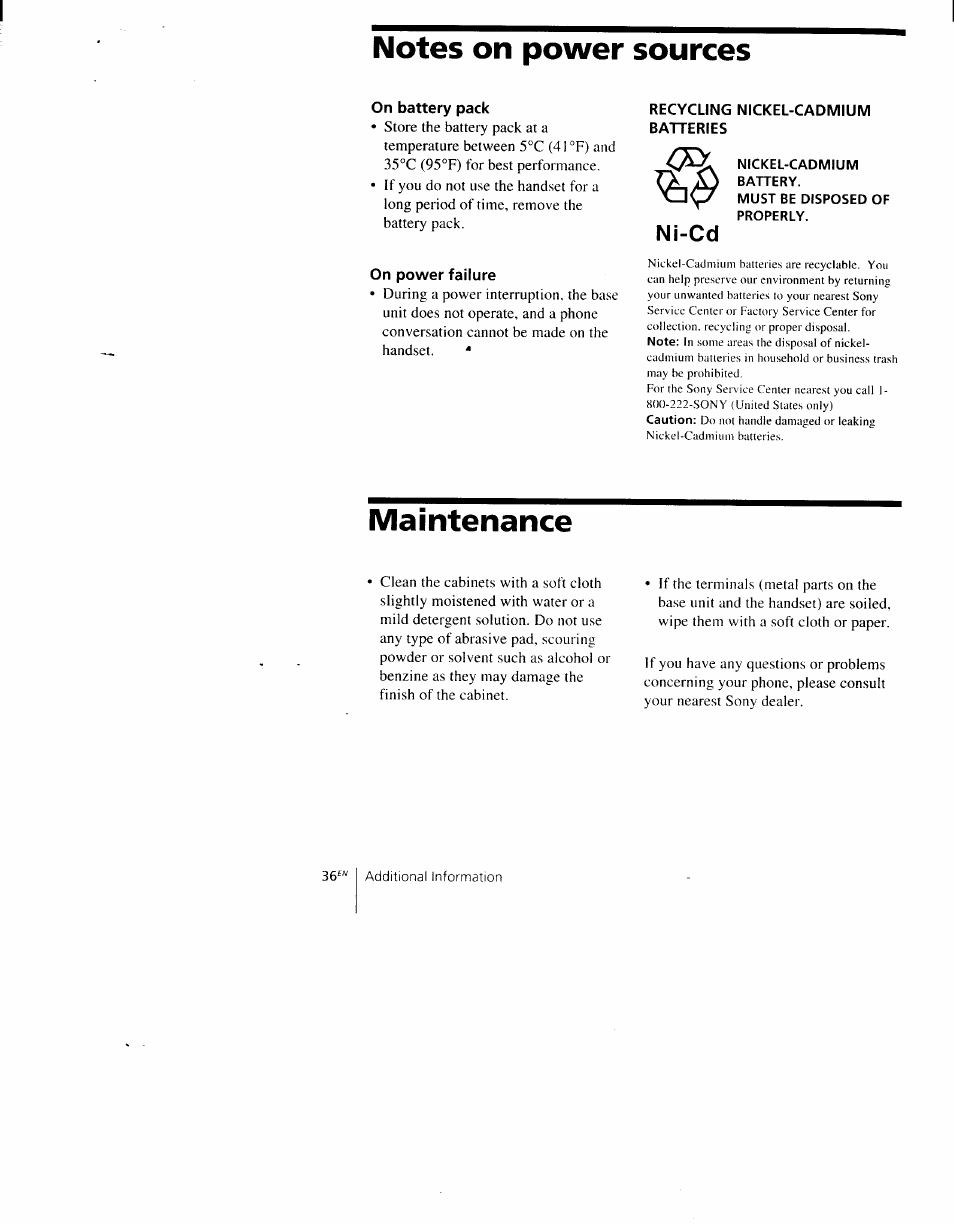 Notes on power sources, Maintenance, Ni-cd | Sony SPP-AQ500 User Manual | Page 36 / 84