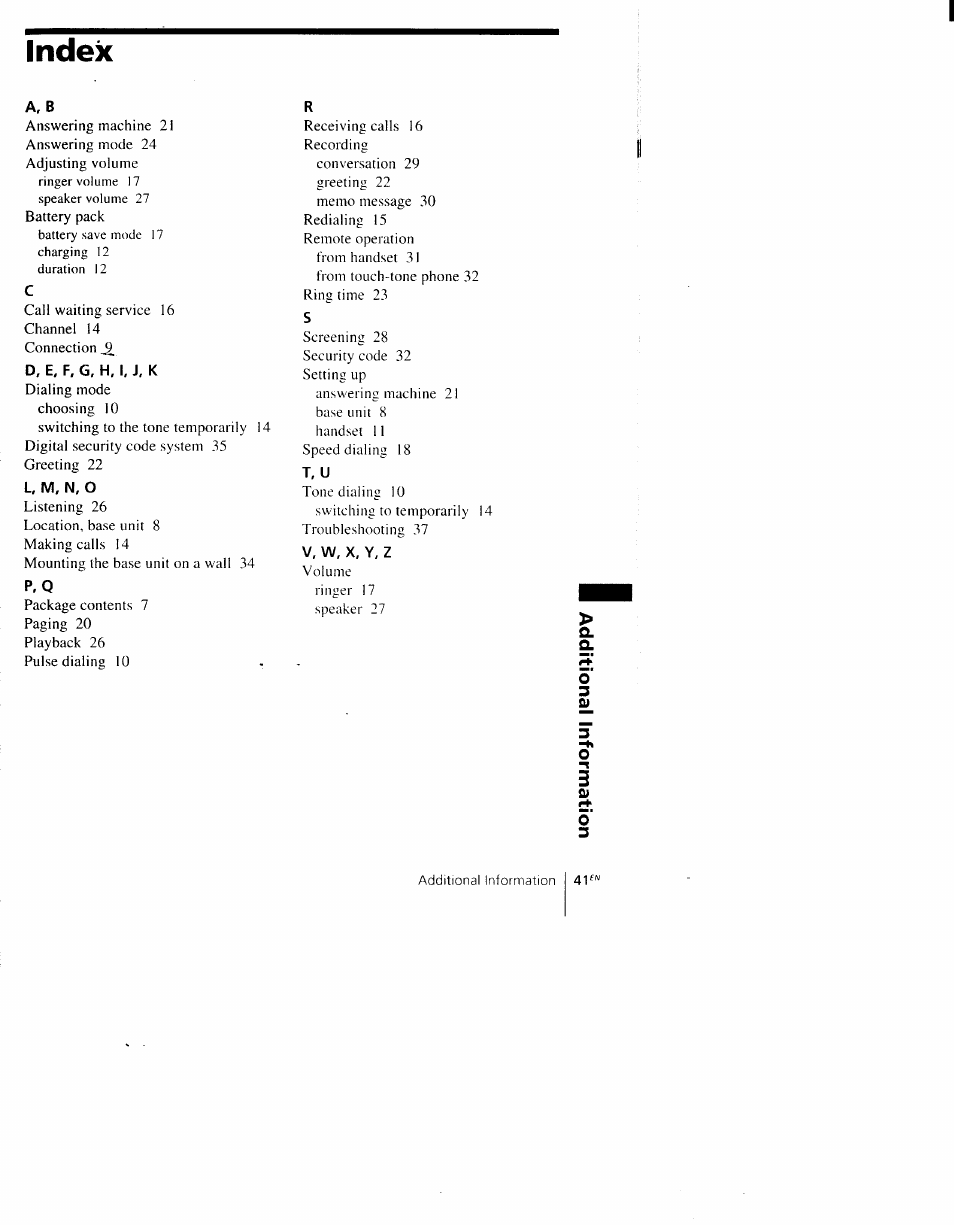 Index | Sony SPP-AQ500 User Manual | Page 41 / 84