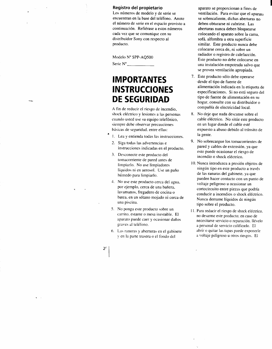 Importantes instrucciones de seguridad | Sony SPP-AQ500 User Manual | Page 43 / 84