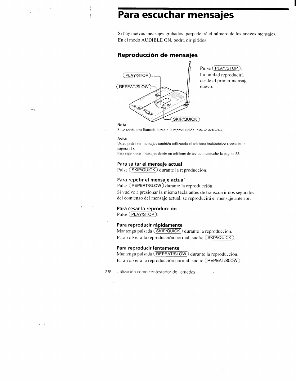 Para escuchar mensajes, Reproducción de mensajes | Sony SPP-AQ500 User Manual | Page 67 / 84