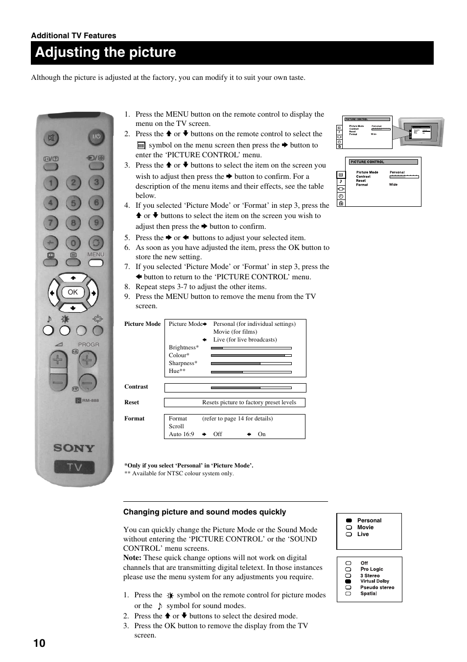 Adjusting the picture | Sony FD Trinitron KV-32DX30U User Manual | Page 14 / 40