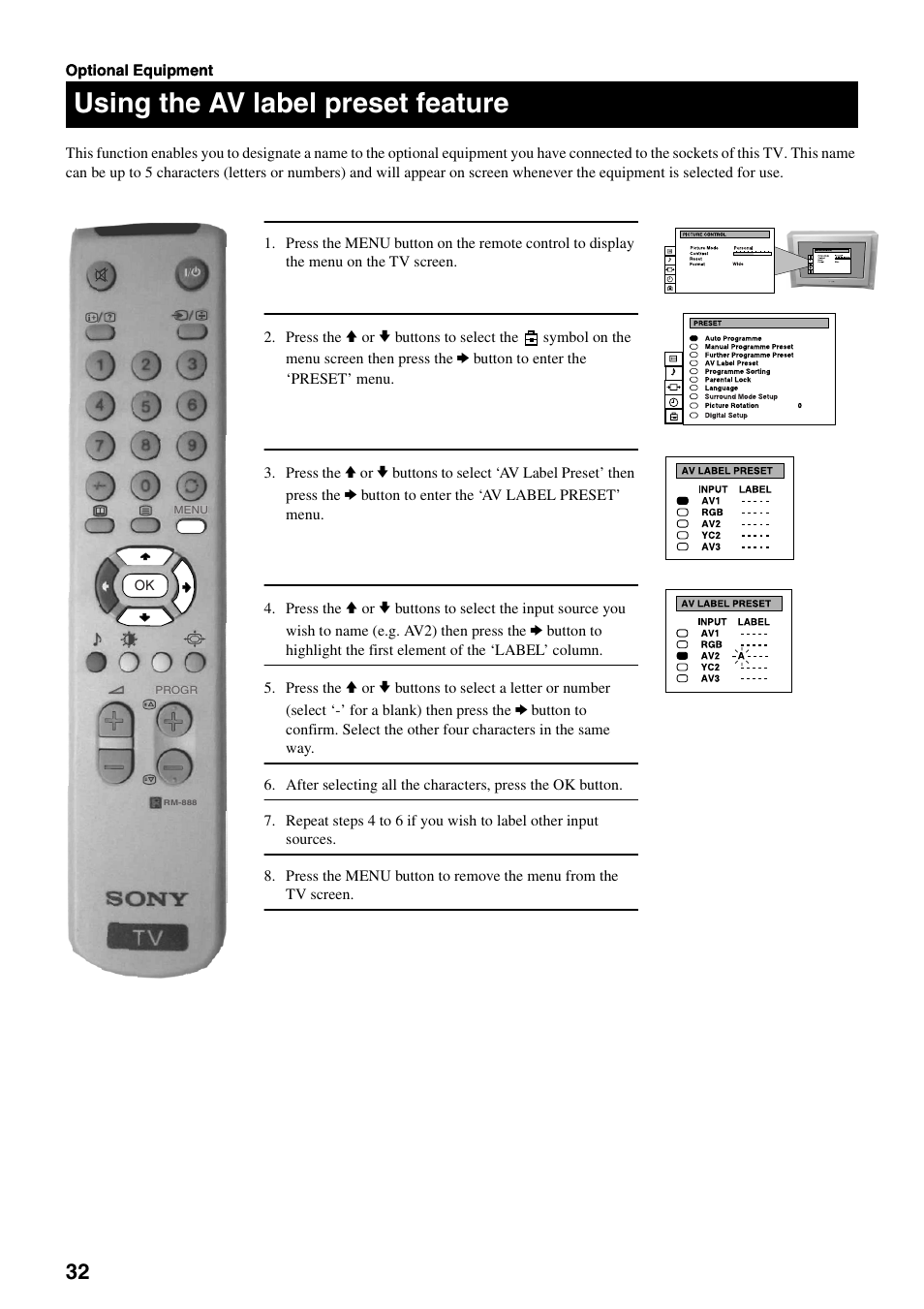 Connecting equipment to the tv, Using the av label preset feature | Sony FD Trinitron KV-32DX30U User Manual | Page 36 / 40