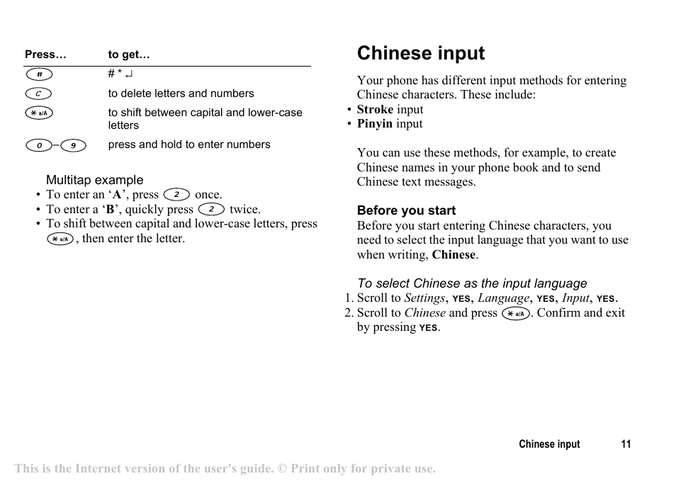 Chinese input, Chinese input 11 | Sony T200c User Manual | Page 11 / 64