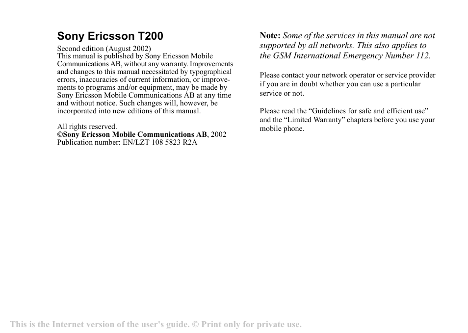Sony ericsson t200 | Sony T200c User Manual | Page 2 / 64
