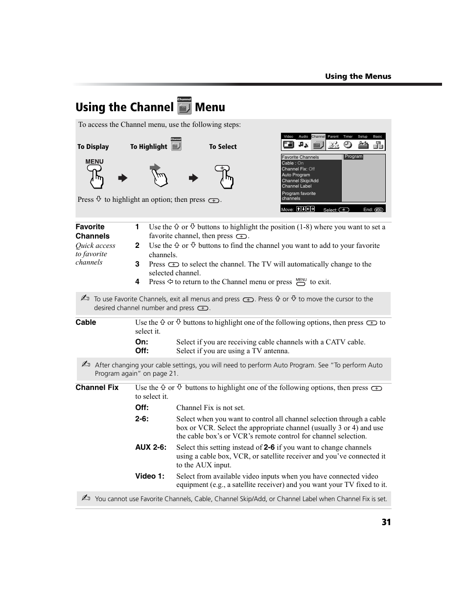 Using the channelmenu, Using the channel menu | Sony WEGA  KV-27FS210 User Manual | Page 39 / 63