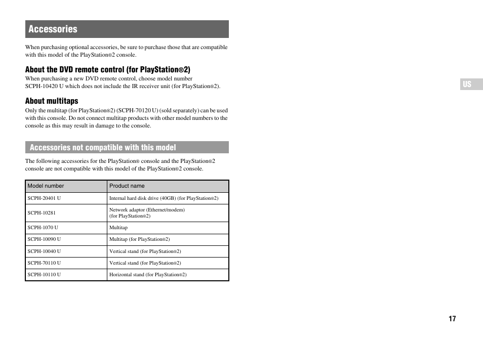 Accessories, About the dvd remote control (for playstation, About multitaps | Accessories not compatible with this model | Sony Playstation 2 SCPH-90001 User Manual | Page 17 / 68