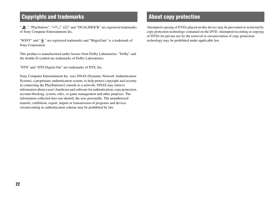 Copyrights and trademarks about copy protection | Sony Playstation 2 SCPH-90001 User Manual | Page 22 / 68