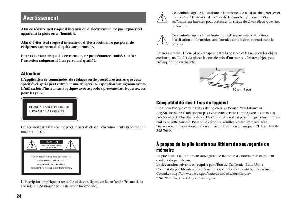 Avertissement | Sony Playstation 2 SCPH-90001 User Manual | Page 24 / 68