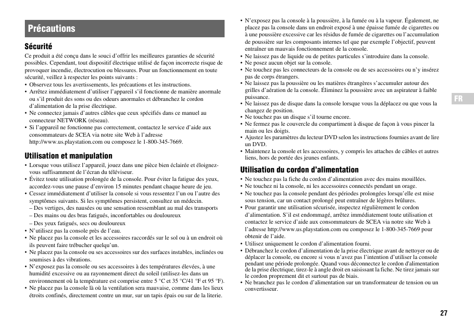 Précautions | Sony Playstation 2 SCPH-90001 User Manual | Page 27 / 68