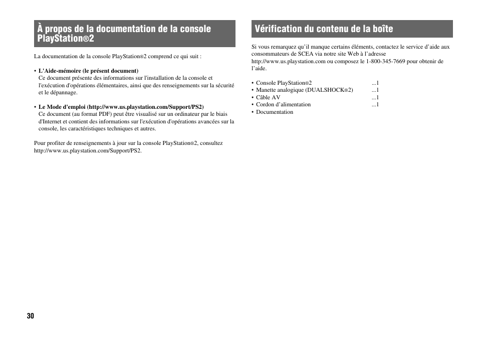 2vérification du contenu de la boîte | Sony Playstation 2 SCPH-90001 User Manual | Page 30 / 68