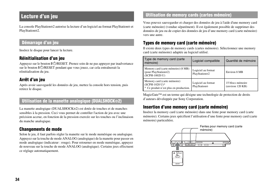 Lecture d’un jeu, Réinitialisation d’un jeu, Arrêt d’un jeu | Changements de mode | Sony Playstation 2 SCPH-90001 User Manual | Page 34 / 68