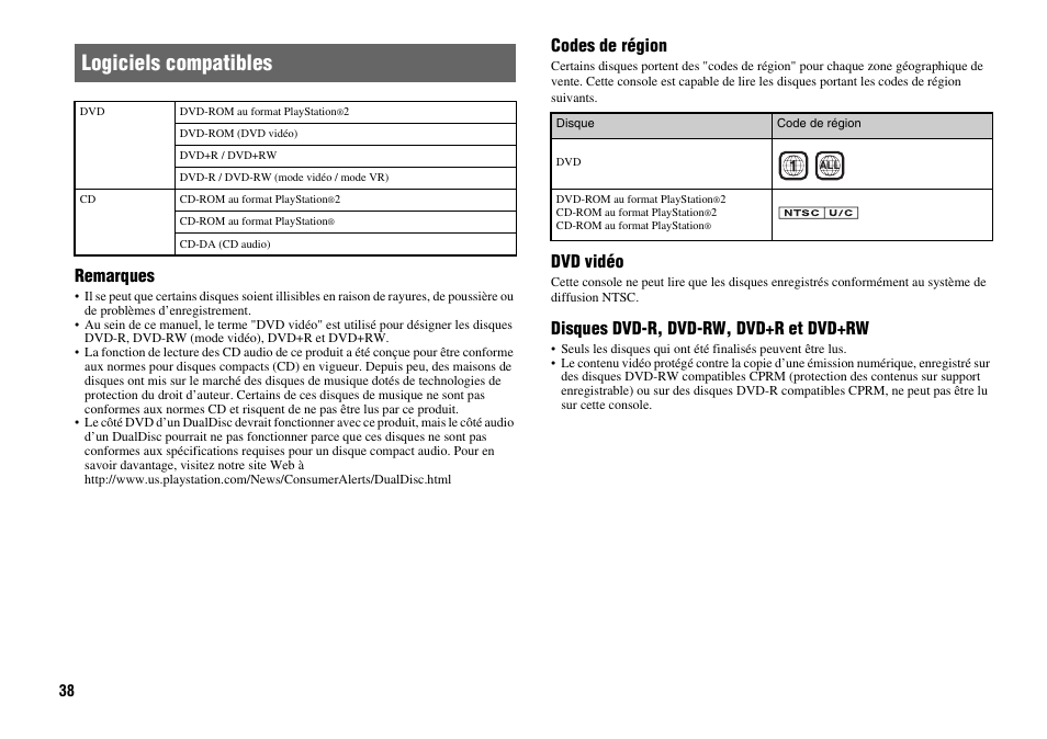 Logiciels compatibles, Remarques, Codes de région | Dvd vidéo, Disques dvd-r, dvd-rw, dvd+r et dvd+rw | Sony Playstation 2 SCPH-90001 User Manual | Page 38 / 68