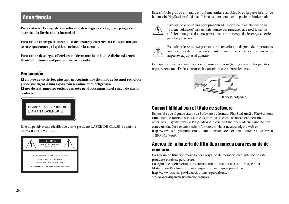 Advertencia | Sony Playstation 2 SCPH-90001 User Manual | Page 46 / 68
