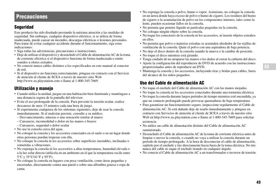 Precauciones | Sony Playstation 2 SCPH-90001 User Manual | Page 49 / 68