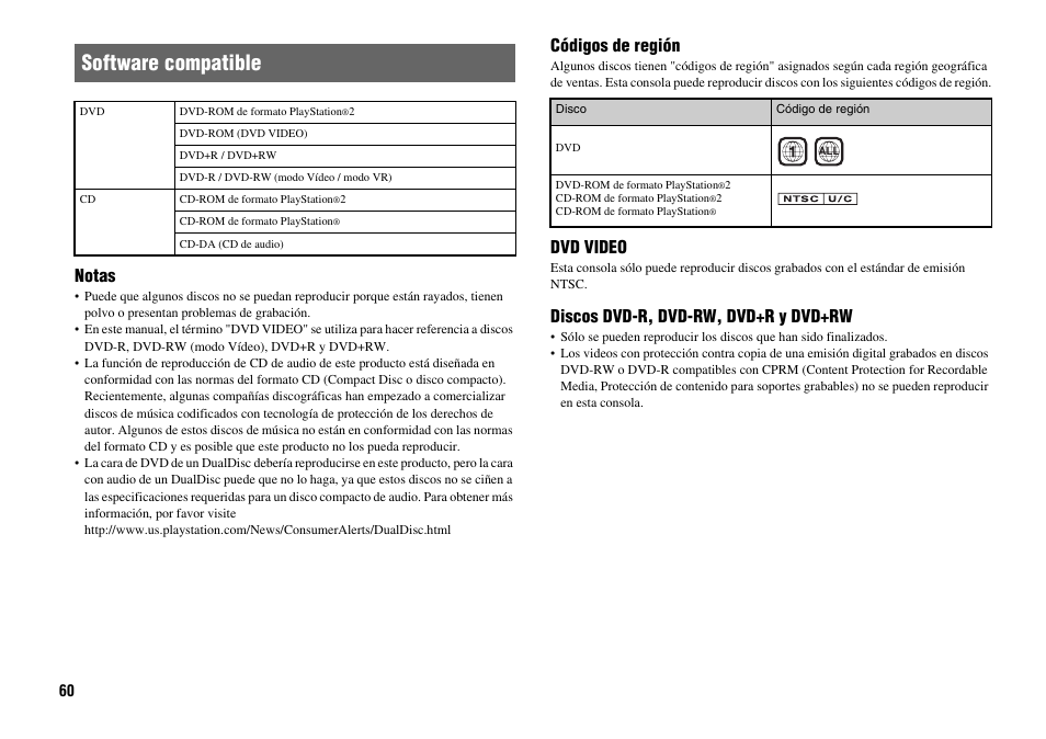 Software compatible, Notas, Códigos de región | Dvd video, Discos dvd-r, dvd-rw, dvd+r y dvd+rw | Sony Playstation 2 SCPH-90001 User Manual | Page 60 / 68