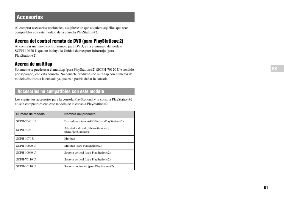 Accesorios, Acerca del control remoto de dvd (para playstation, Acerca de multitap | Accesorios no compatibles con este modelo | Sony Playstation 2 SCPH-90001 User Manual | Page 61 / 68