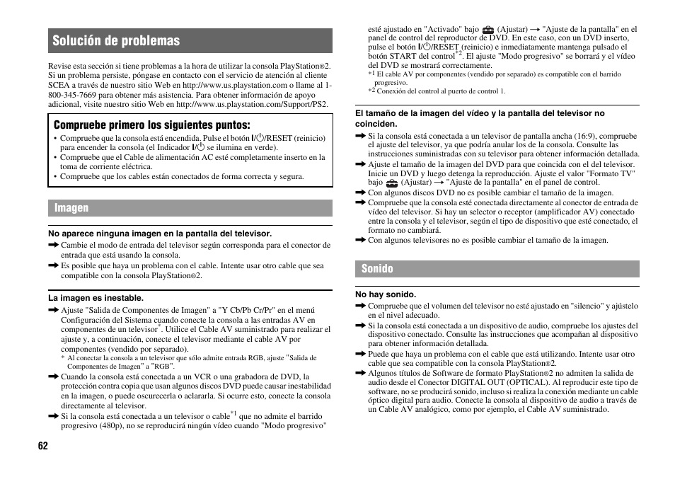 Solución de problemas | Sony Playstation 2 SCPH-90001 User Manual | Page 62 / 68