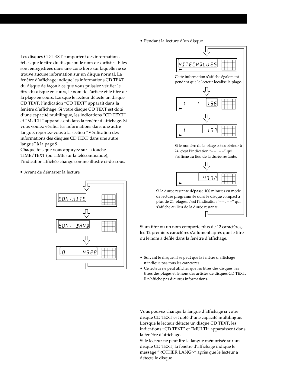 Lecture de disques compacts, Vérification des informations des disques cd text, Suite page suivante) | Pendant la lecture d’un disque, Avant de démarrer la lecture, Appuyez sur | Sony CDP-XB740 User Manual | Page 29 / 84