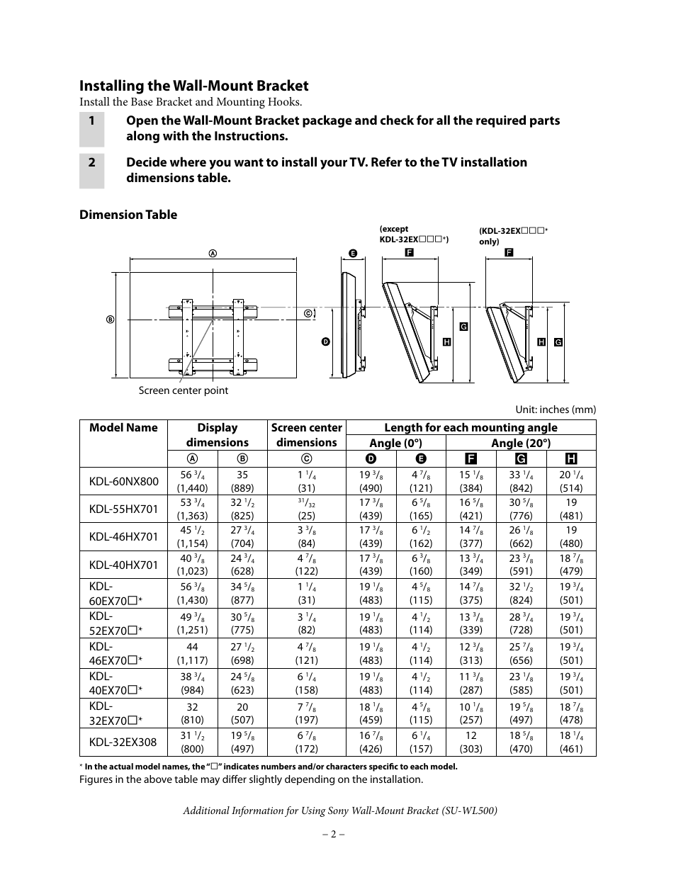 Installing the wall-mount bracket, Install the base bracket and mounting hooks, Kdl- 60ex70 | Kdl- 52ex70, Kdl- 46ex70, Kdl- 40ex70, Kdl- 32ex70 | Sony WALL-MOUNT BRACKET SU-WL500 User Manual | Page 2 / 7
