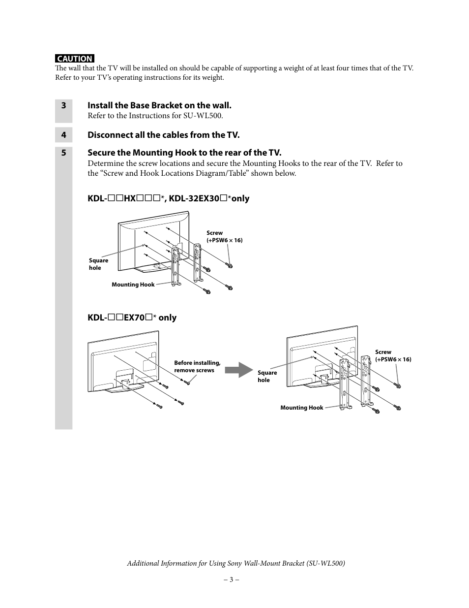 Sony WALL-MOUNT BRACKET SU-WL500 User Manual | Page 3 / 7