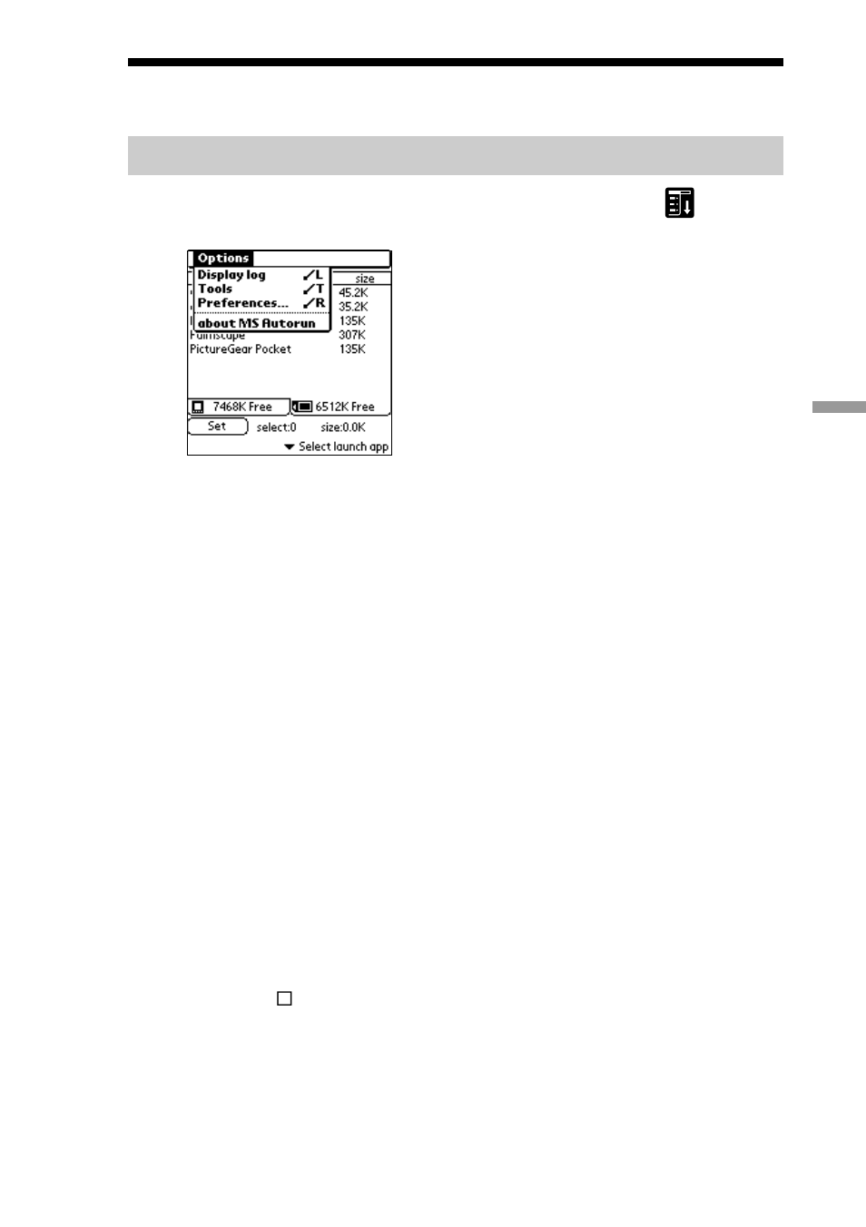 Ms autorun menu commands, Options menu | Sony CLIE PEG-S300/E User Manual | Page 161 / 261