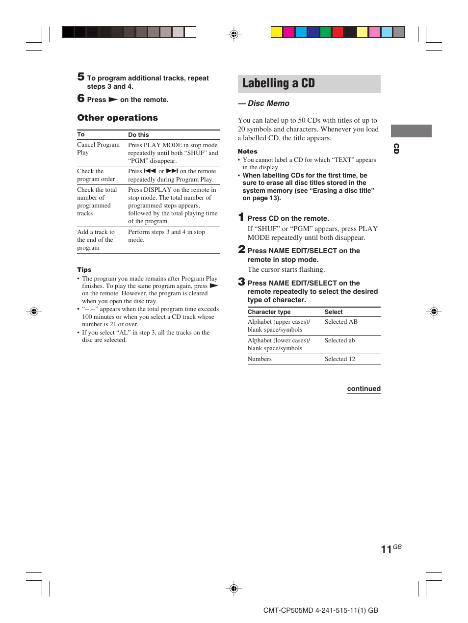 Labelling a cd | Sony CMT-CP505MD User Manual | Page 11 / 68