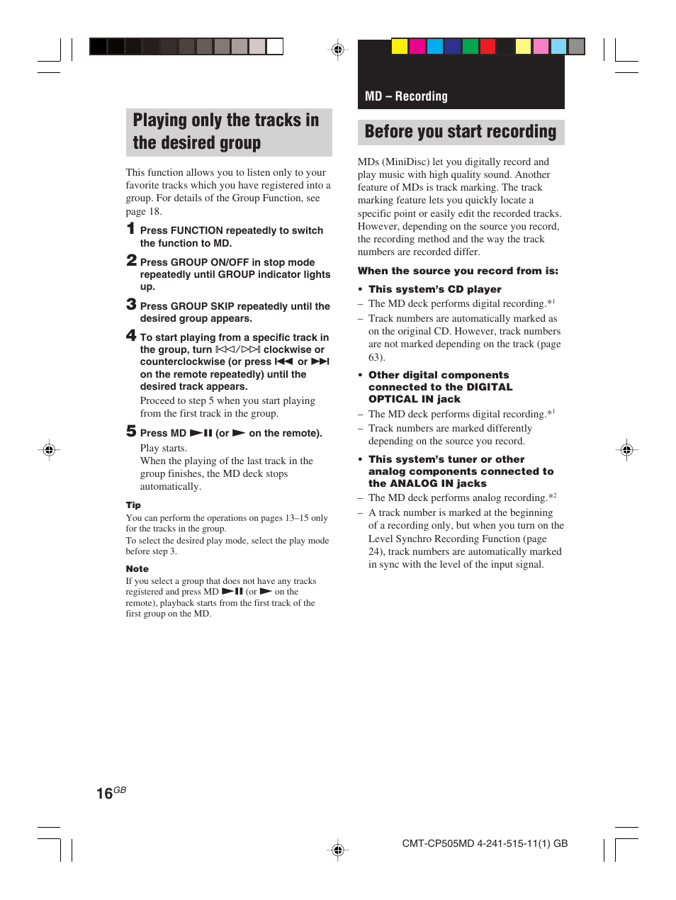 Playing only the tracks in the desired group, Md – recording, Before you start recording | Sony CMT-CP505MD User Manual | Page 16 / 68