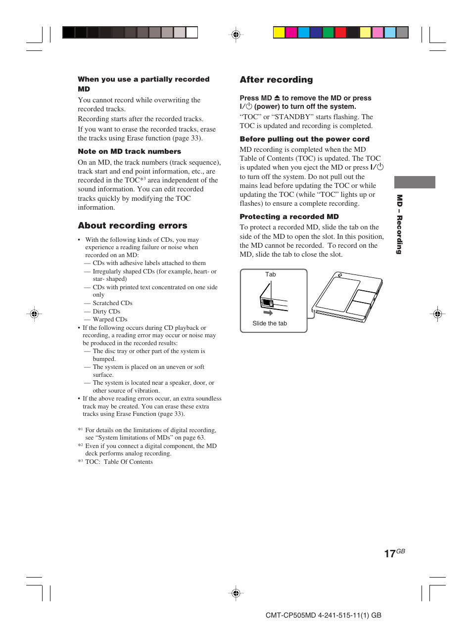 About recording errors, After recording | Sony CMT-CP505MD User Manual | Page 17 / 68