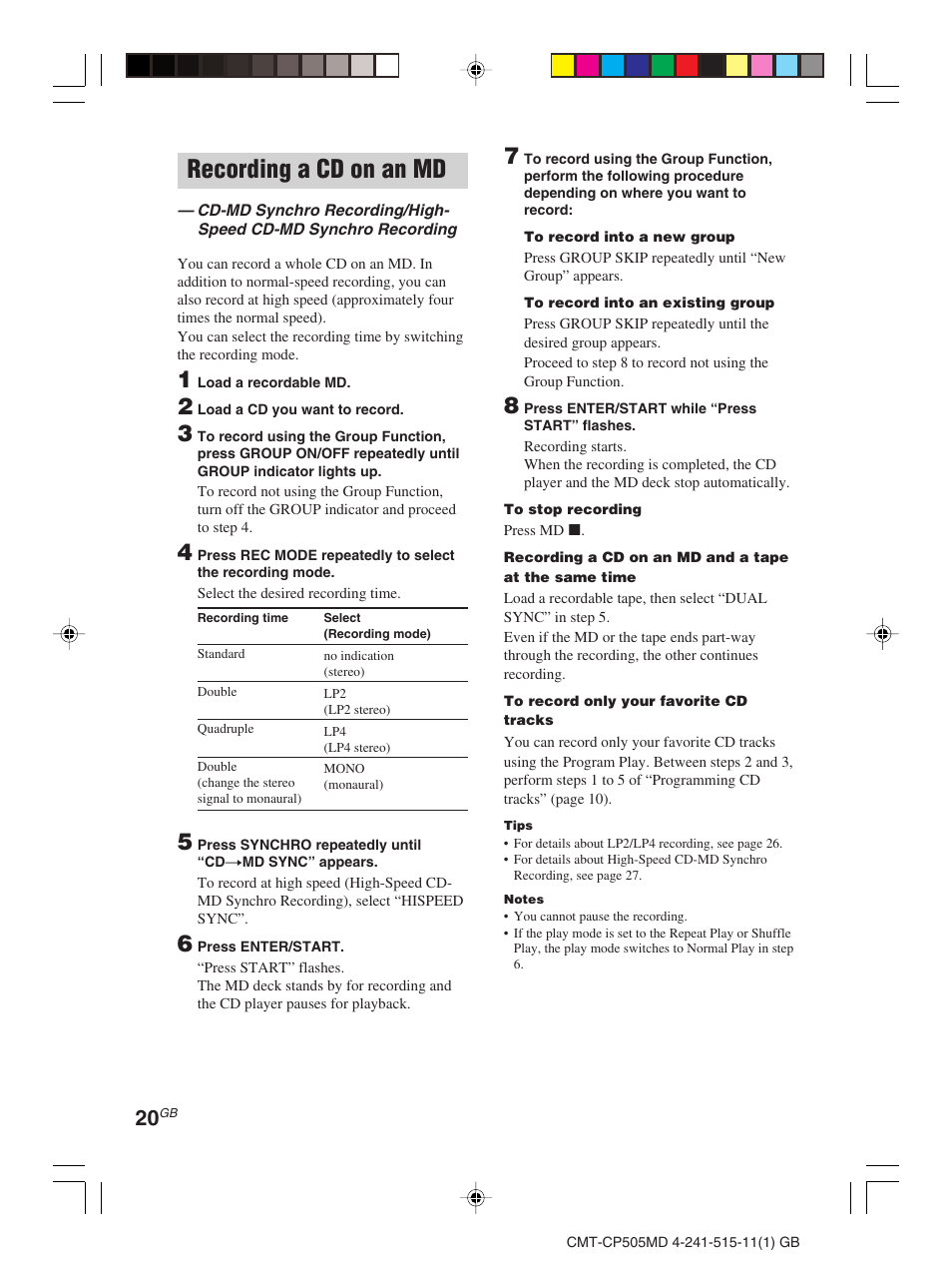 Recording a cd on an md | Sony CMT-CP505MD User Manual | Page 20 / 68