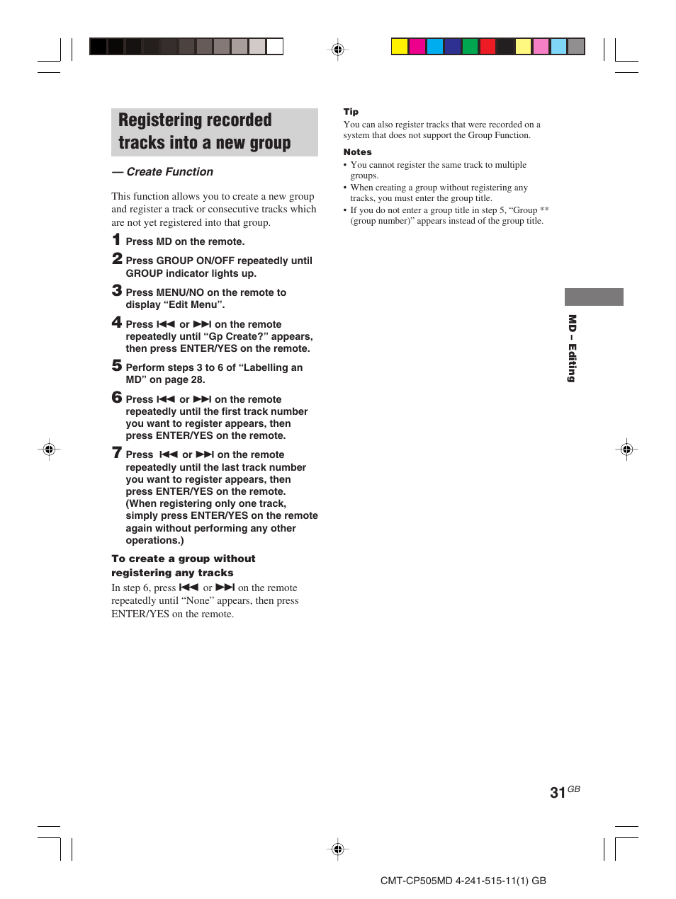 Registering recorded tracks into a new group | Sony CMT-CP505MD User Manual | Page 31 / 68