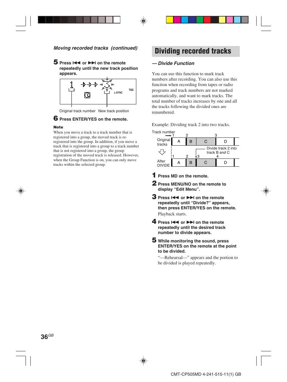 Dividing recorded tracks | Sony CMT-CP505MD User Manual | Page 36 / 68