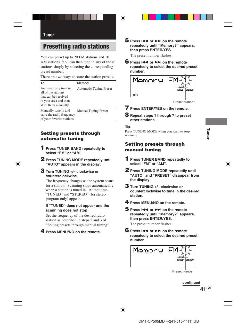 Tuner, Presetting radio stations | Sony CMT-CP505MD User Manual | Page 41 / 68
