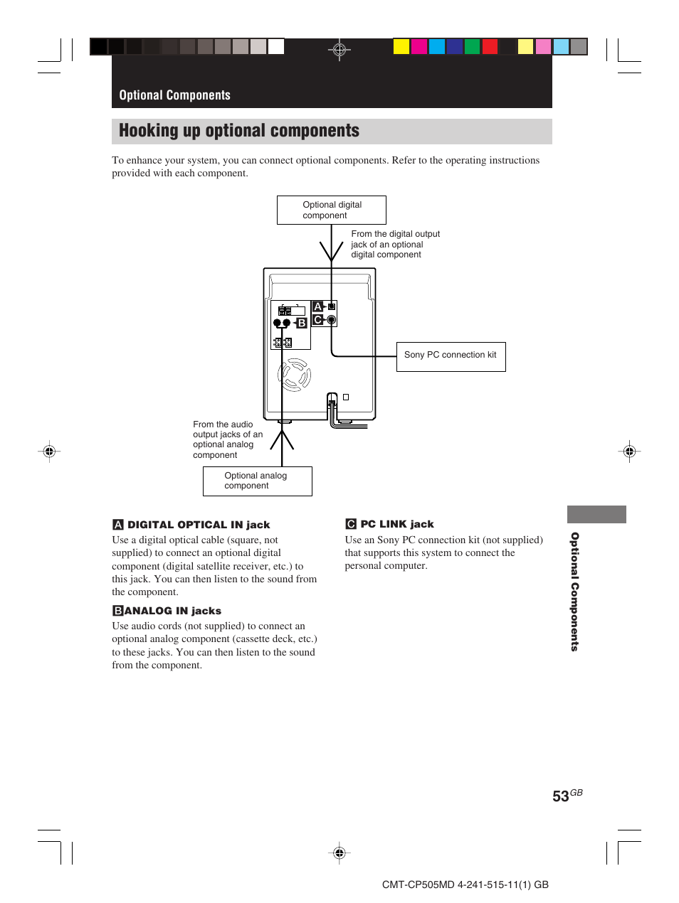 Optional components, Hooking up optional components | Sony CMT-CP505MD User Manual | Page 53 / 68