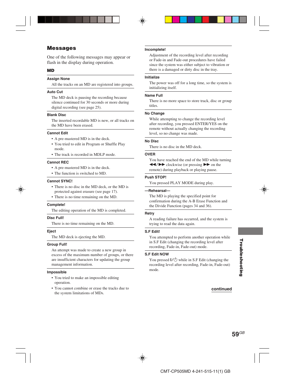 Messages | Sony CMT-CP505MD User Manual | Page 59 / 68