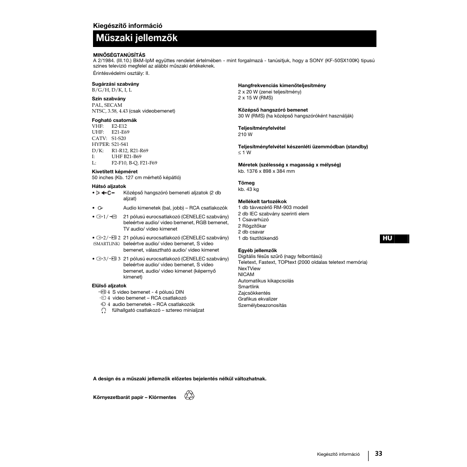 Műszaki jellemzők | Sony Grand Wega KF-50SX100K User Manual | Page 128 / 193