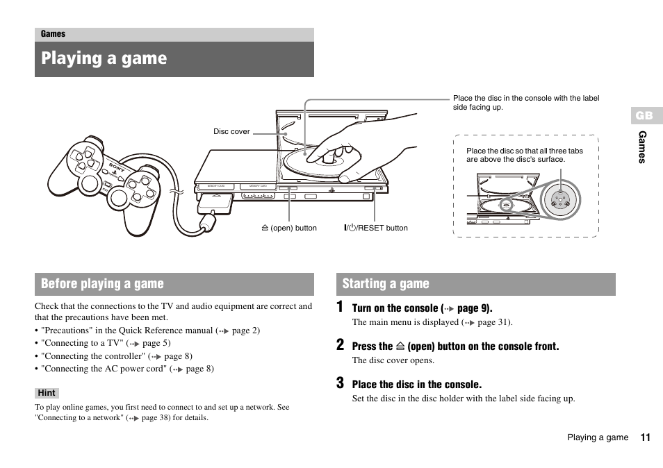 Games, Playing a game, Before playing a game starting a game | Sony PLAYSTATION 2 SCPH-90004 User Manual | Page 11 / 166