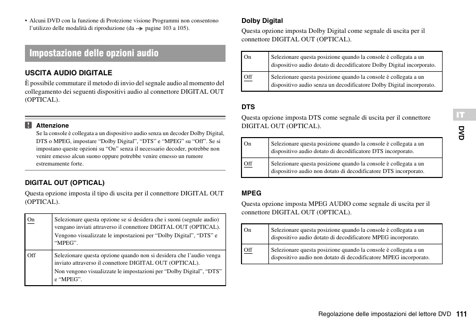 Impostazione delle opzioni audio | Sony PLAYSTATION 2 SCPH-90004 User Manual | Page 111 / 166