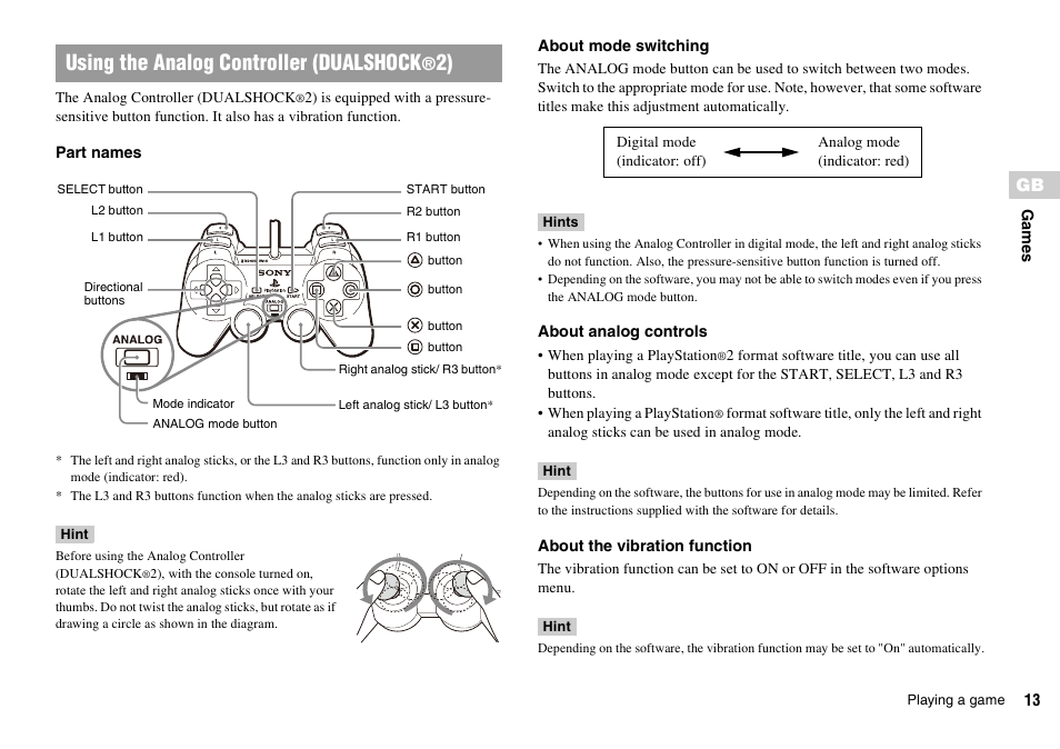 Using the analog controller (dualshock | Sony PLAYSTATION 2 SCPH-90004 User Manual | Page 13 / 166
