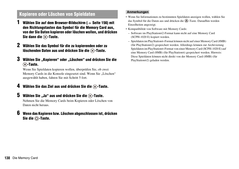 Kopieren oder löschen von spieldaten | Sony PLAYSTATION 2 SCPH-90004 User Manual | Page 138 / 166
