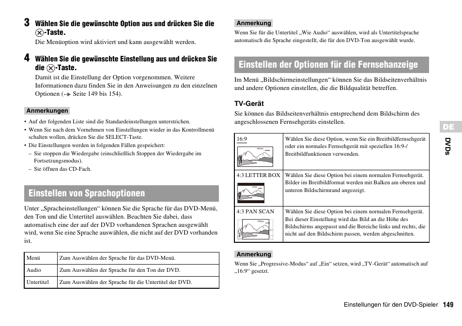 Einstellen von sprachoptionen, Einstellen der optionen für die fernsehanzeige | Sony PLAYSTATION 2 SCPH-90004 User Manual | Page 149 / 166