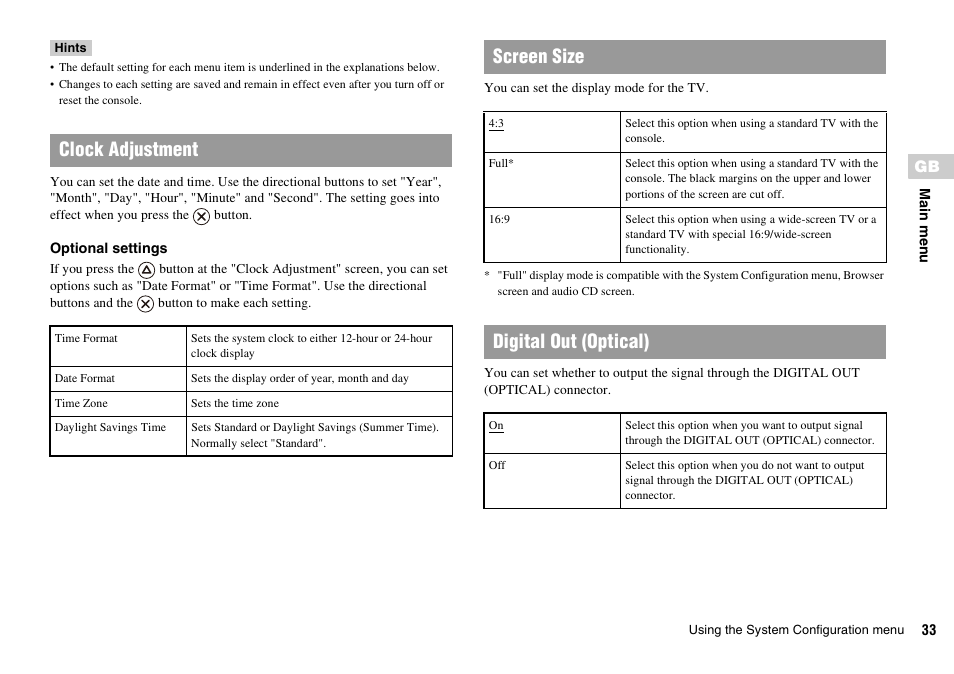 Clock adjustment, Screen size, Digital out (optical) | Sony PLAYSTATION 2 SCPH-90004 User Manual | Page 33 / 166