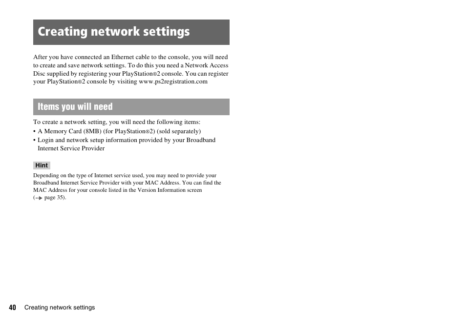 Creating network settings, Items you will need | Sony PLAYSTATION 2 SCPH-90004 User Manual | Page 40 / 166