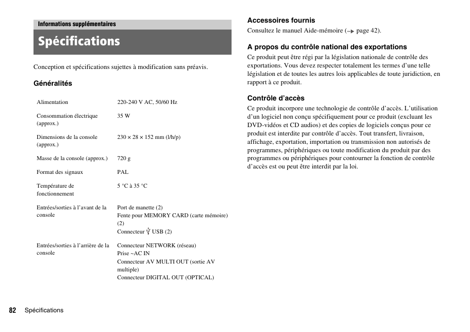 Informations supplémentaires, Spécifications | Sony PLAYSTATION 2 SCPH-90004 User Manual | Page 82 / 166